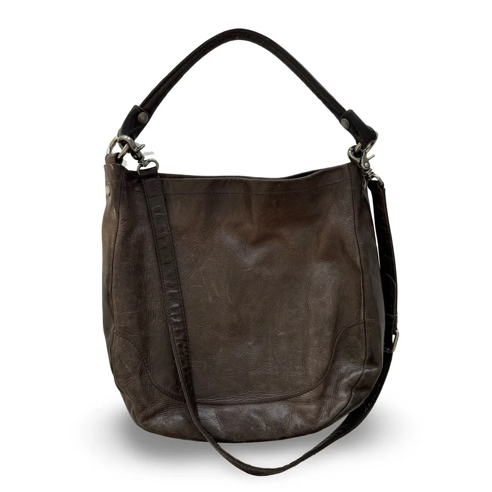 Frye Melissa Dark Brown Distressed Leather Hobo Crossbody Bag Antique Silver